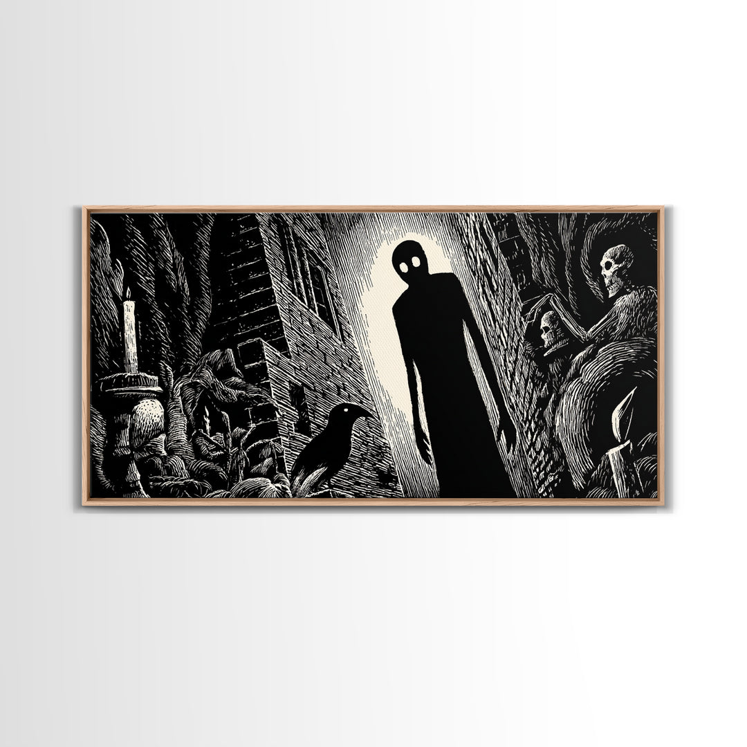 The Shadow Person, Macabre Folk Print Art, Wide Panoramic Art, Dark Halloween Decor, Canvas Print, Halloween Wall Art