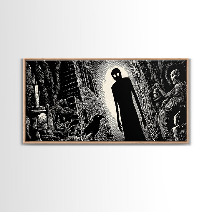 The Shadow Person, Macabre Folk Print Art, Wide Panoramic Art, Dark Halloween Decor, Canvas Print, Halloween Wall Art