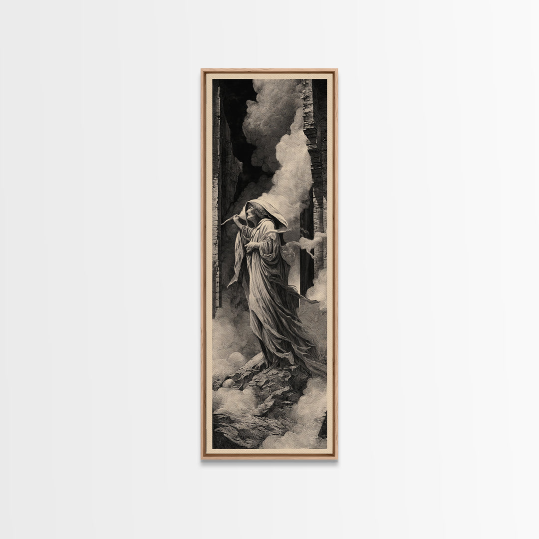 The Banshee Singer, Gothic Engraving Art, Tall Narrow Wall Art, Dark Fantasy Wall Art, Framed Canvas Print, Halloween Wall Art