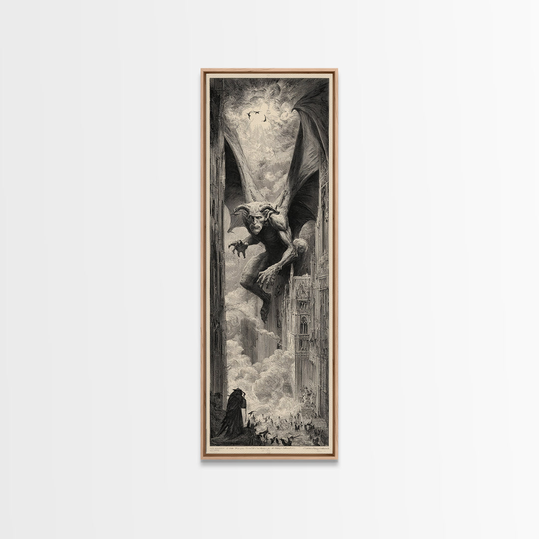 The Gargoyle Sentinel, Gothic Engraving Art, Tall Narrow Wall Art, Gothic Horror Wall Art, Framed Canvas Print, Halloween Wall Art