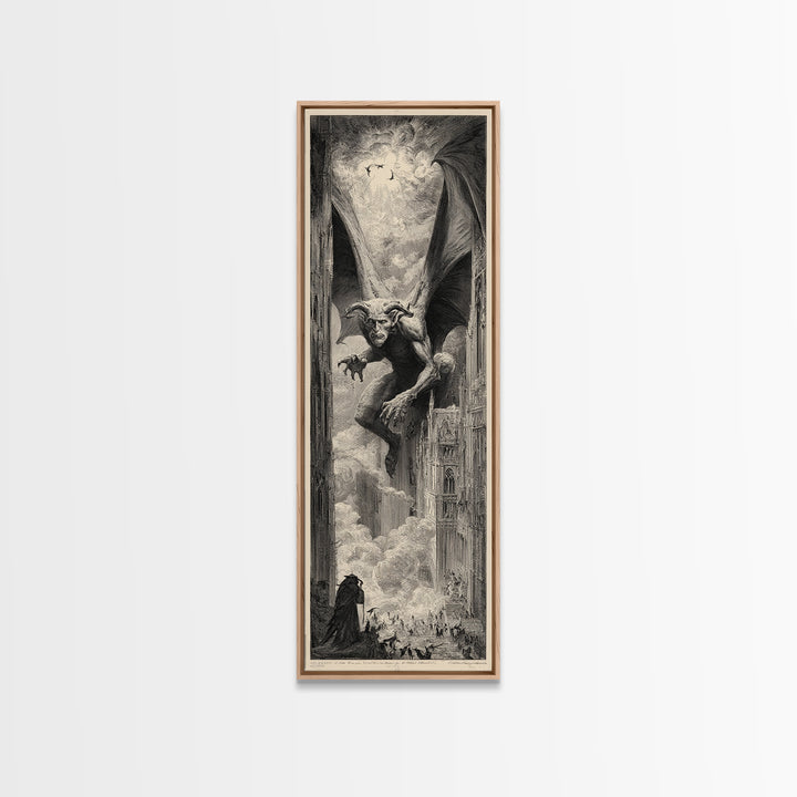 The Gargoyle Sentinel, Gothic Engraving Art, Tall Narrow Wall Art, Gothic Horror Wall Art, Framed Canvas Print, Halloween Wall Art