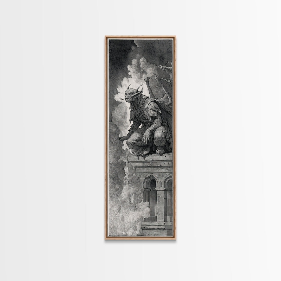The Gargoyle Sentinel, Renaissance Engraving Art, Tall Narrow Wall Art, Dark Fantasy Wall Art, Canvas Print, Halloween Wall Art