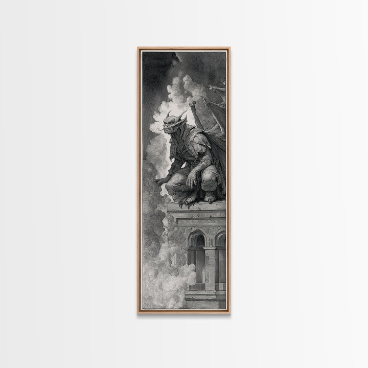 The Gargoyle Sentinel, Renaissance Engraving Art, Tall Narrow Wall Art, Dark Fantasy Wall Art, Canvas Print, Halloween Wall Art