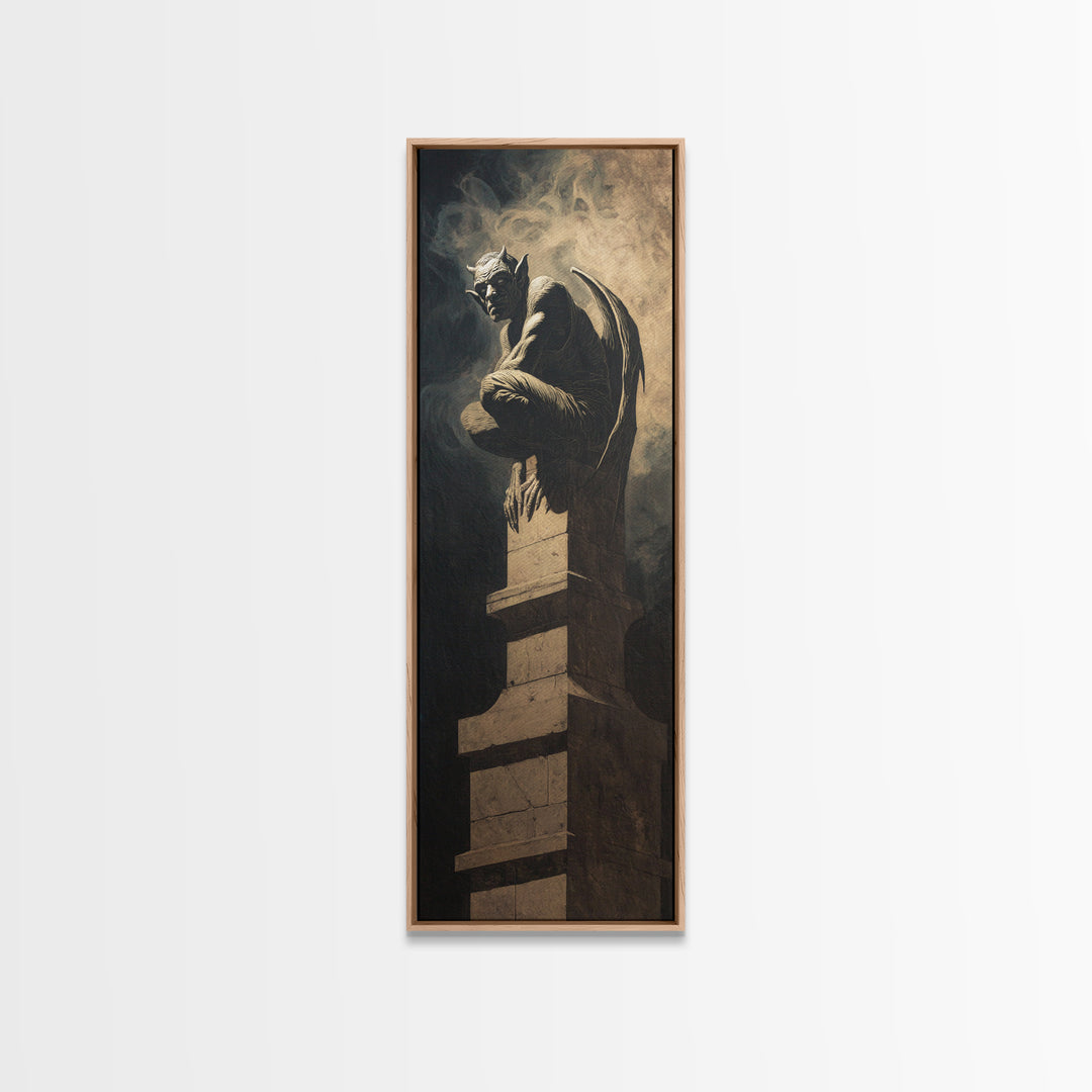 The Gargoyle Sentinel, Gothic Nightmare Art, Tall Narrow Wall Art, Macabre Wall Art, Framed Canvas Print, Halloween Wall Art