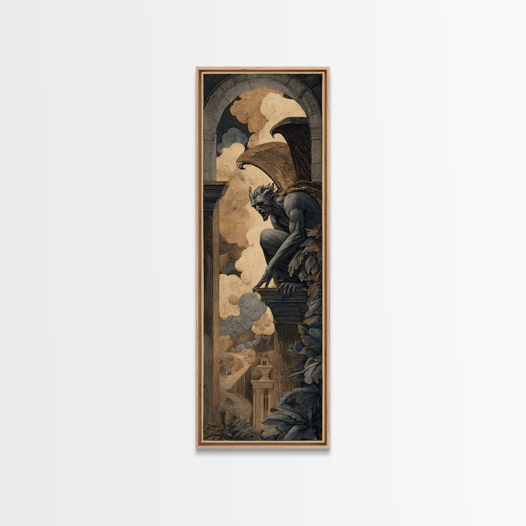 The Gargoyle Sentinel, Visionary Gothic Art, Tall Narrow Wall Art, Gothic Horror Wall Art, Canvas Print, Halloween Wall Art