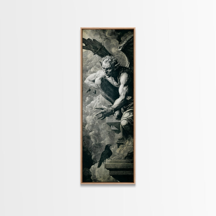 The Gargoyle Sentinel, Architectural Etching Art, Tall Narrow Wall Art, Dark Halloween Decor, Canvas Print, Halloween Wall Art