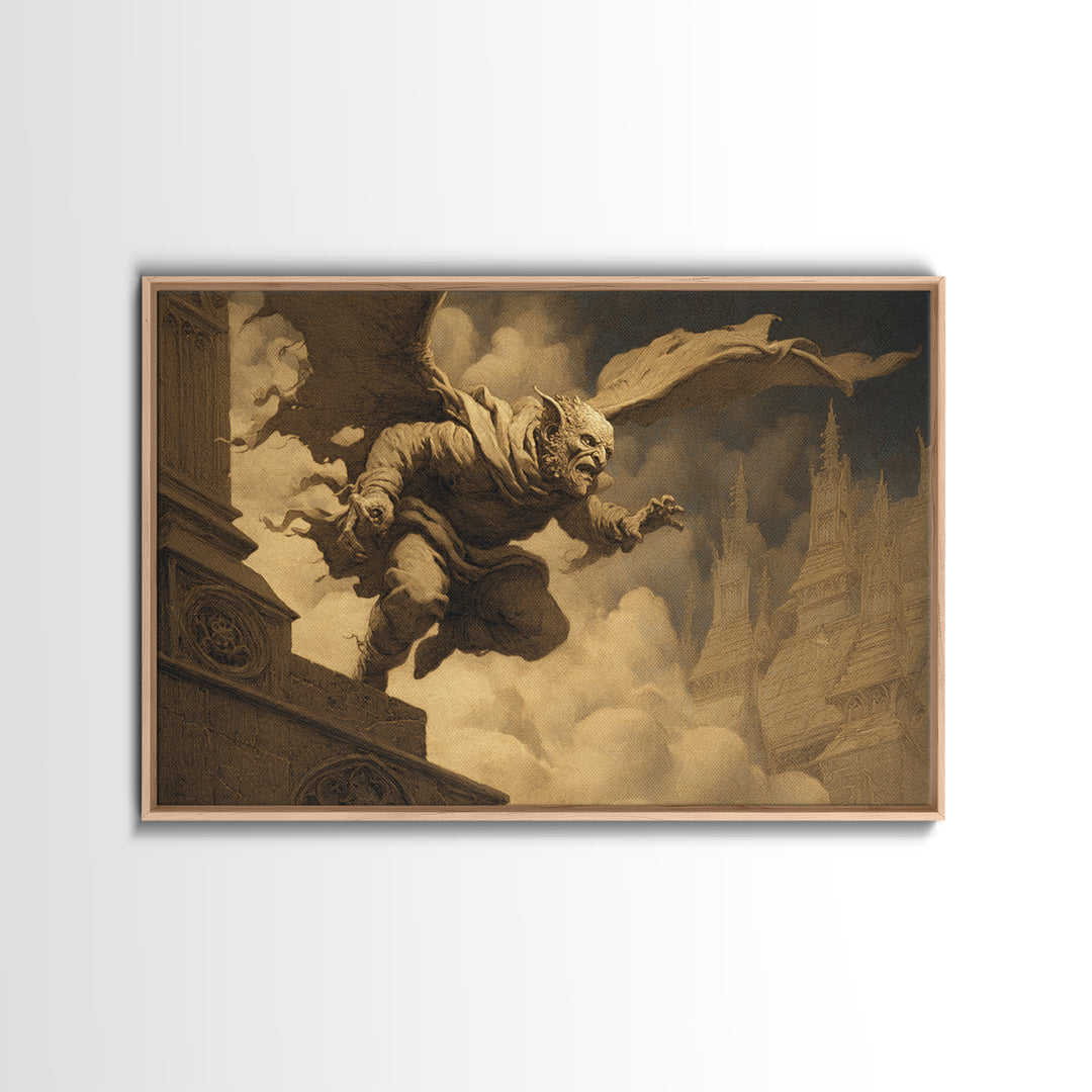 The Gargoyle Sentinel, Romantic Gothic Landscape, Landscape Wall Art, Gothic Horror Wall Art, Canvas Print, Halloween Wall Art