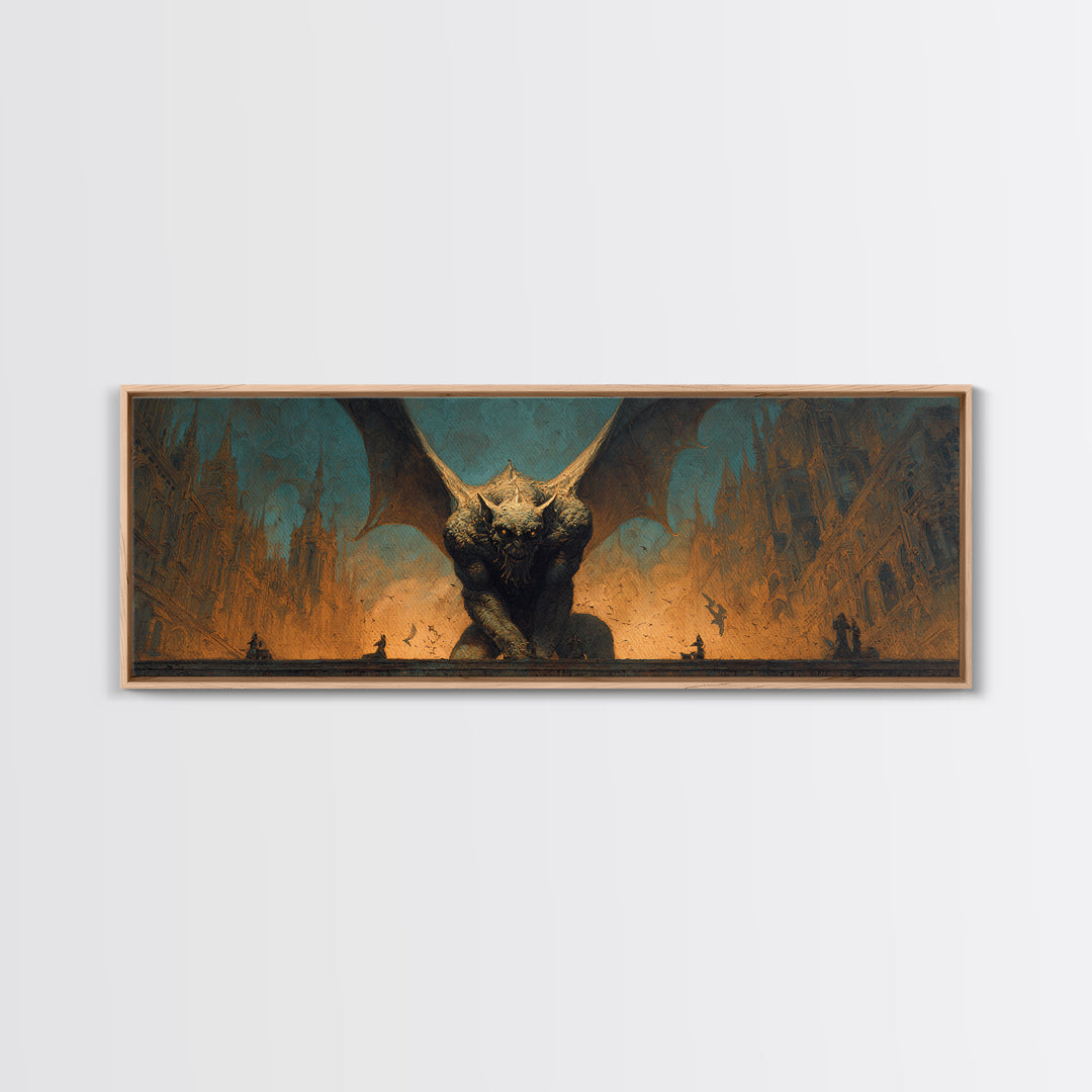 The Gargoyle Sentinel, Apocalyptic Romantic Art, Extra Wide Wall Art, Gothic Horror Wall Art, Framed Canvas Print, Halloween Wall Art