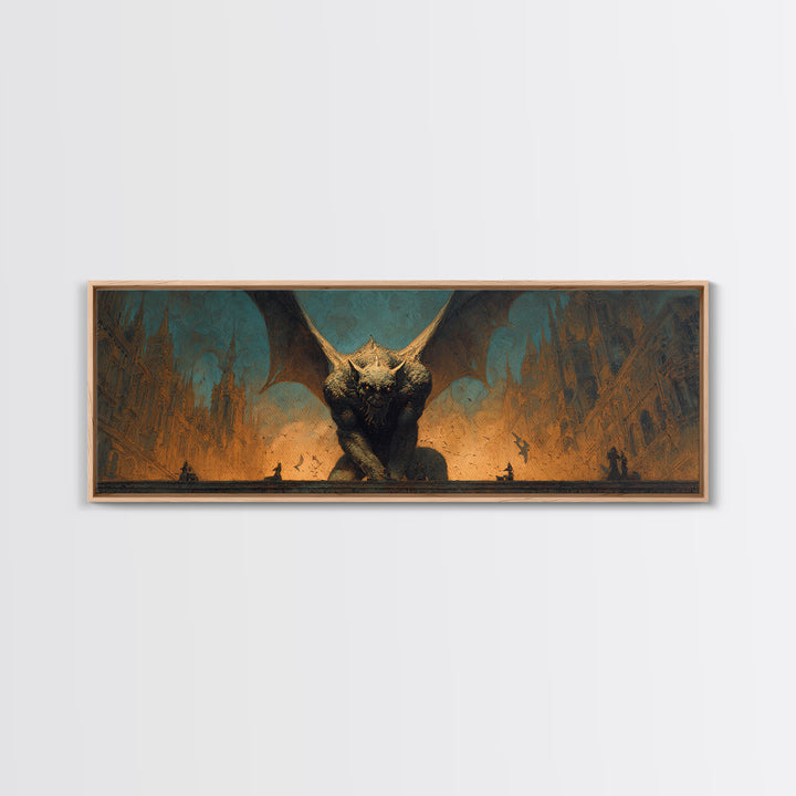The Gargoyle Sentinel, Apocalyptic Romantic Art, Extra Wide Wall Art, Gothic Horror Wall Art, Framed Canvas Print, Halloween Wall Art
