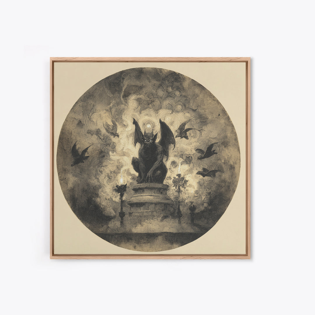 The Gargoyle Sentinel, Symbolist Dream Art, Square Wall Art, Dark Halloween Decor, Framed Canvas Print, Halloween Wall Art