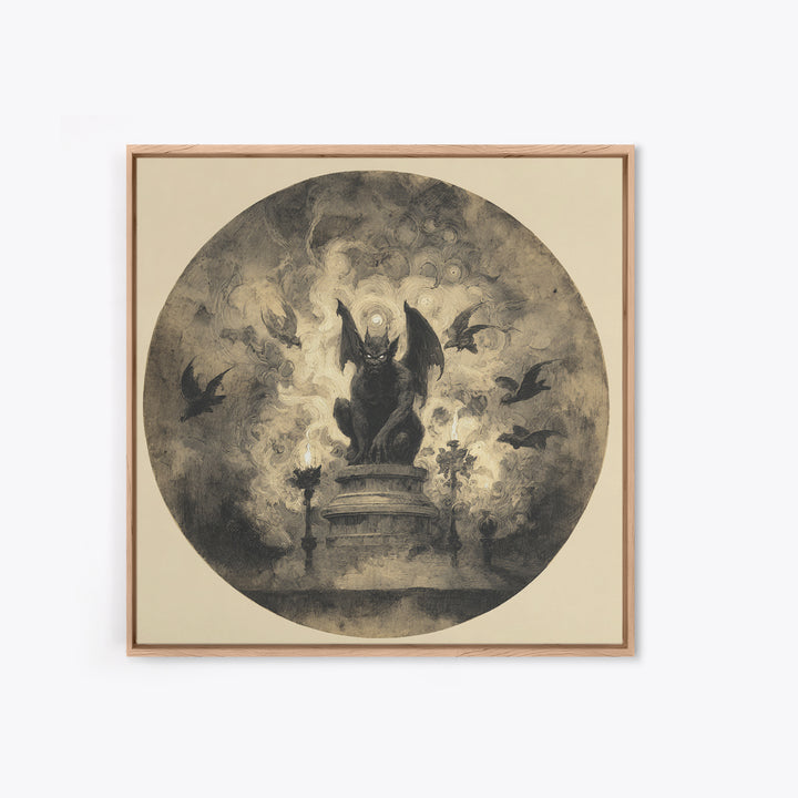 The Gargoyle Sentinel, Symbolist Dream Art, Square Wall Art, Dark Halloween Decor, Framed Canvas Print, Halloween Wall Art