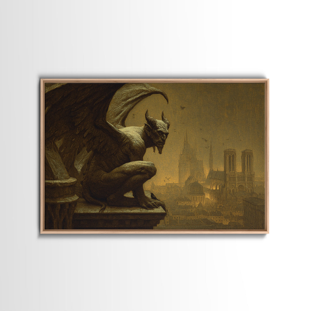 The Gargoyle Sentinel, Symbolist Gothic Landscape, Landscape Wall Art, Dark Halloween Decor, Framed Canvas Print, Halloween Wall Art