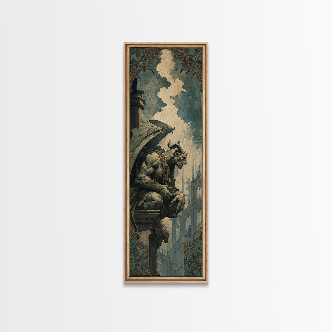 The Gargoyle Sentinel, Ornate Symbolist Art, Tall Narrow Wall Art, Dark Halloween Decor, Framed Canvas Print, Halloween Wall Art
