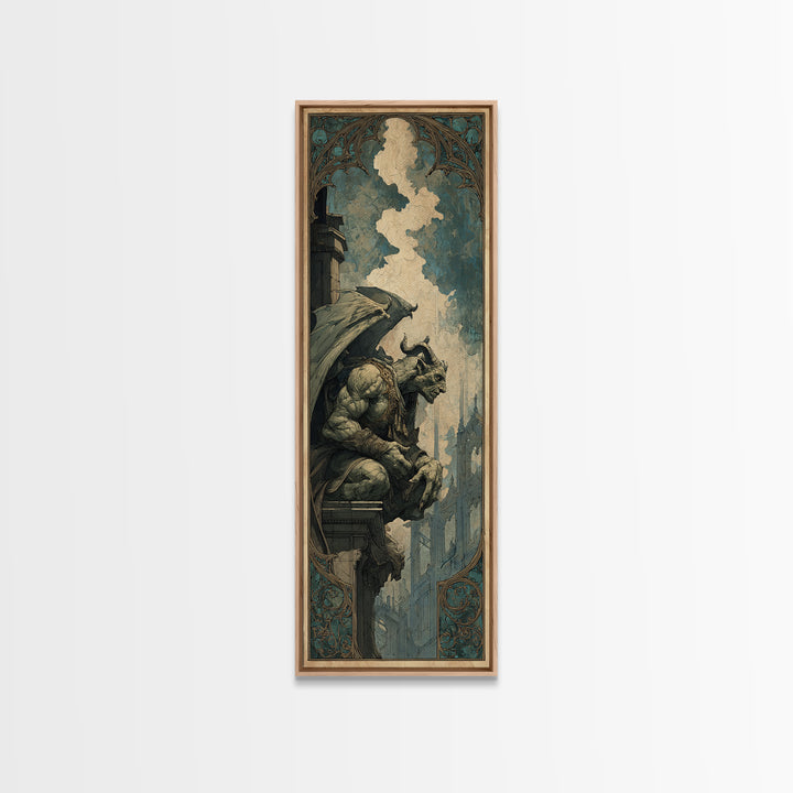 The Gargoyle Sentinel, Ornate Symbolist Art, Tall Narrow Wall Art, Dark Halloween Decor, Framed Canvas Print, Halloween Wall Art
