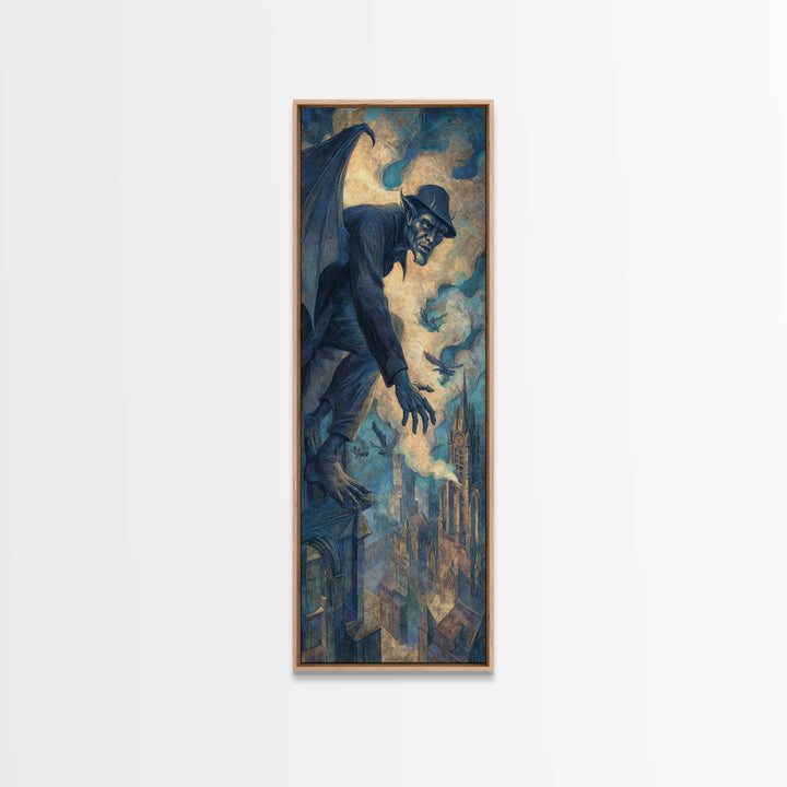 The Gargoyle Sentinel, Expressionist Gothic Art, Tall Narrow Wall Art, Macabre Wall Art, Framed Canvas Print, Halloween Wall Art