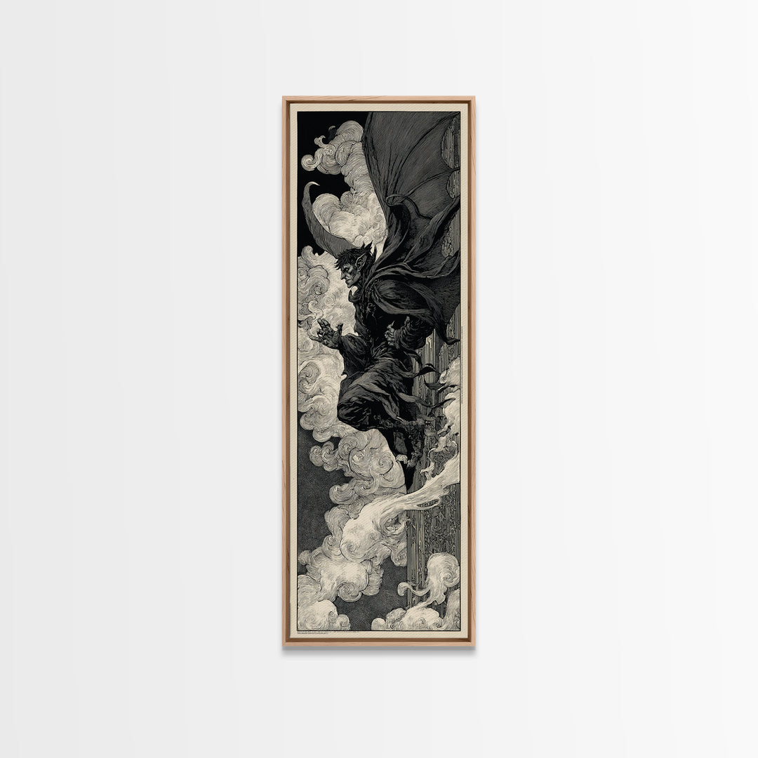 The Gargoyle Sentinel, Decadent Line Art, Tall Narrow Wall Art, Macabre Wall Art, Canvas Print, Halloween Wall Art