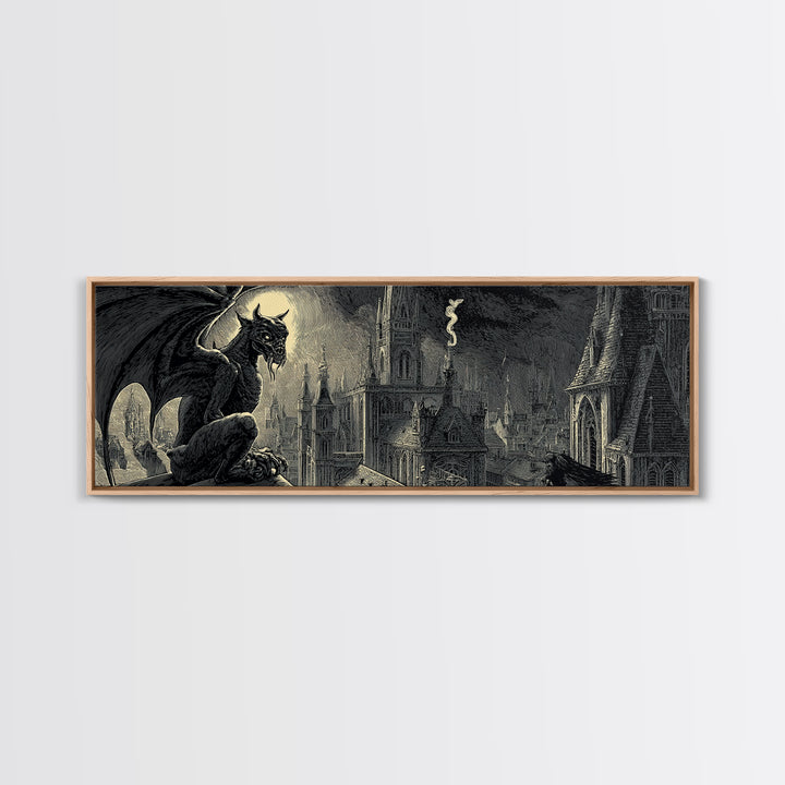 The Gargoyle Sentinel, Macabre Folk Print Art, Extra Wide Wall Art, Macabre Wall Art, Canvas Print, Halloween Wall Art