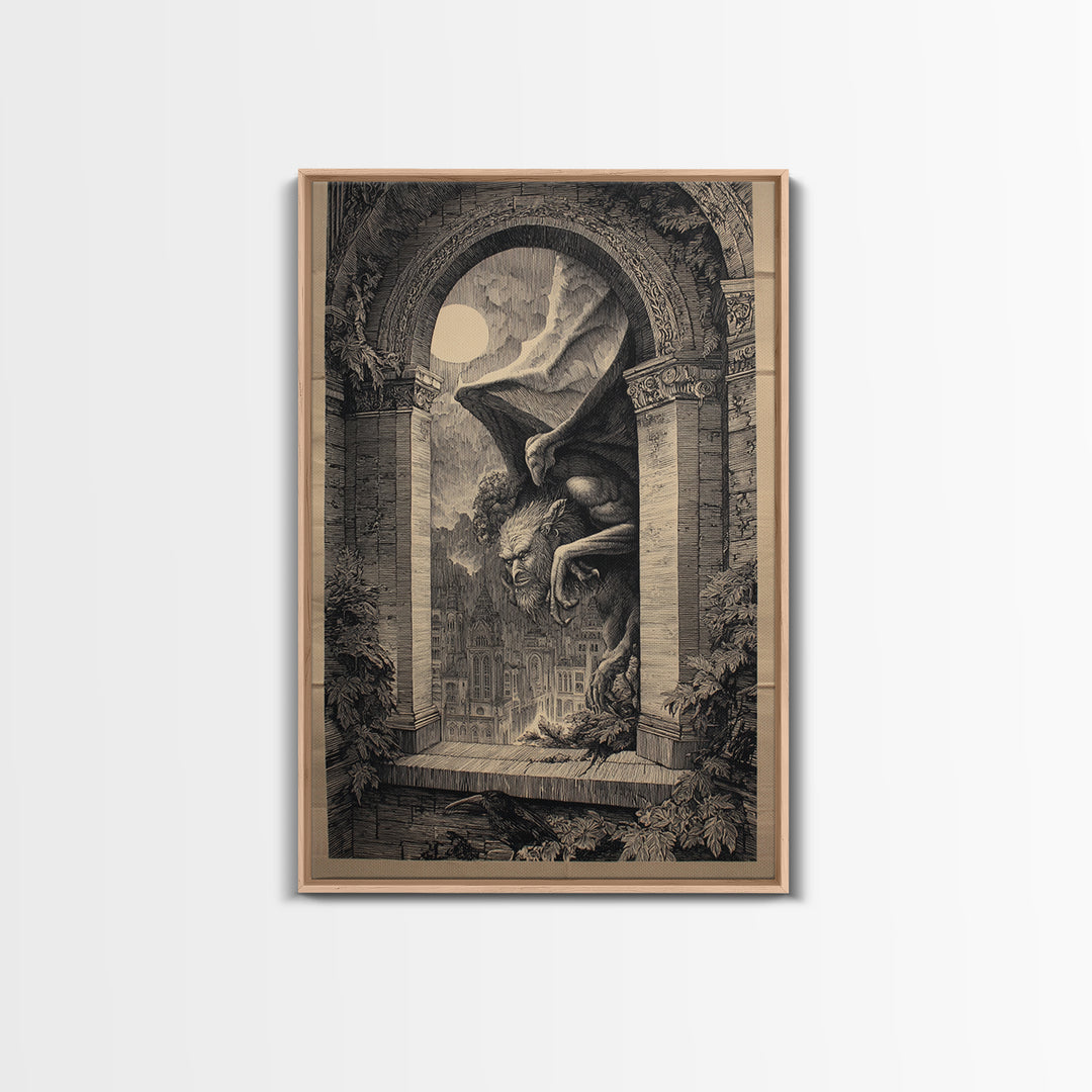 The Gargoyle Sentinel, Victorian Macabre Art, Vertical Wall Art, Dark Fantasy Wall Art, Framed Canvas Print, Halloween Wall Art