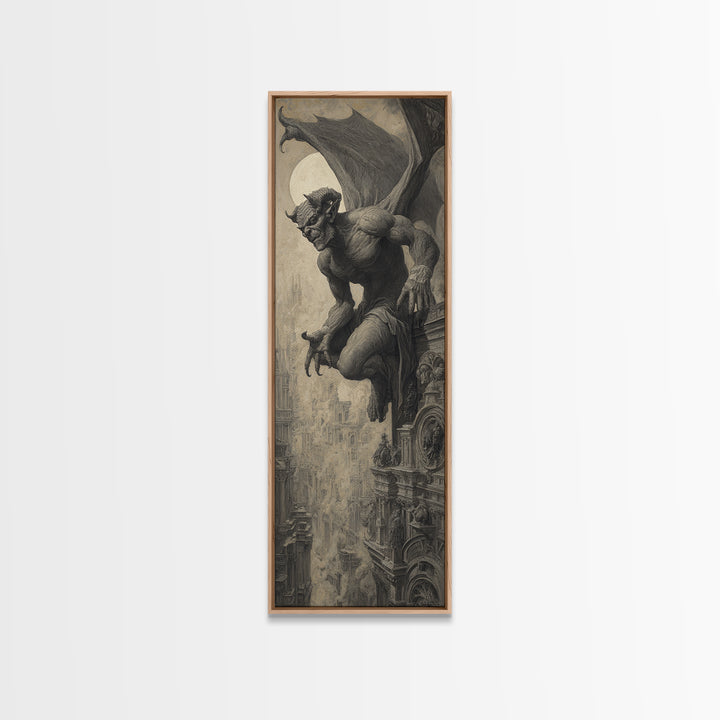The Gargoyle Sentinel, Surreal Apocalyptic Art, Tall Narrow Wall Art, Gothic Horror Wall Art, Framed Canvas Print