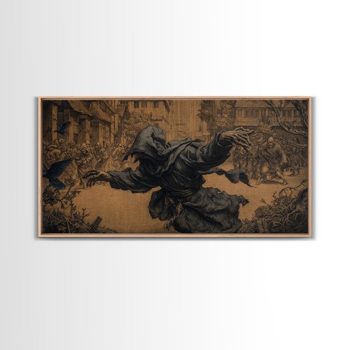 The Tattered Wraith, Northern Renaissance Horror, Wide Panoramic Art, Macabre Wall Art, Framed Canvas Print, Halloween Wall Art