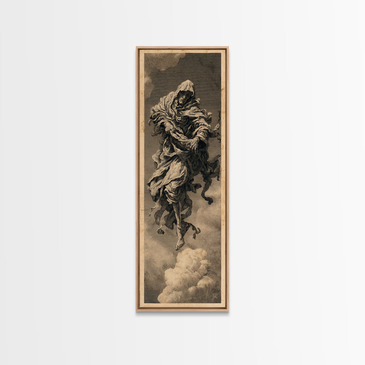 The Tattered Wraith, Architectural Etching Art, Tall Narrow Wall Art, Dark Halloween Decor, Framed Canvas Print