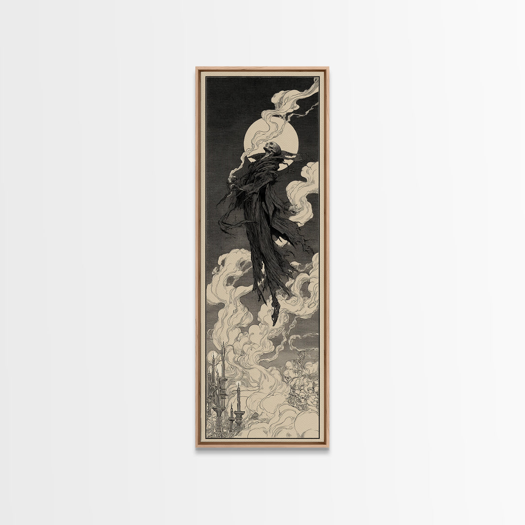 The Tattered Wraith, Decadent Line Art, Tall Narrow Wall Art, Dark Halloween Decor, Framed Canvas Print, Halloween Wall Art