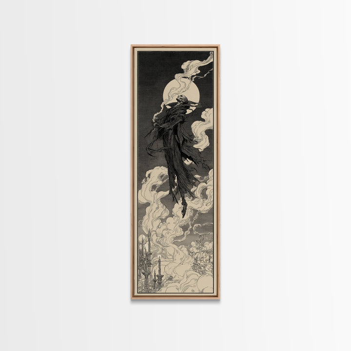 The Tattered Wraith, Decadent Line Art, Tall Narrow Wall Art, Dark Halloween Decor, Framed Canvas Print, Halloween Wall Art
