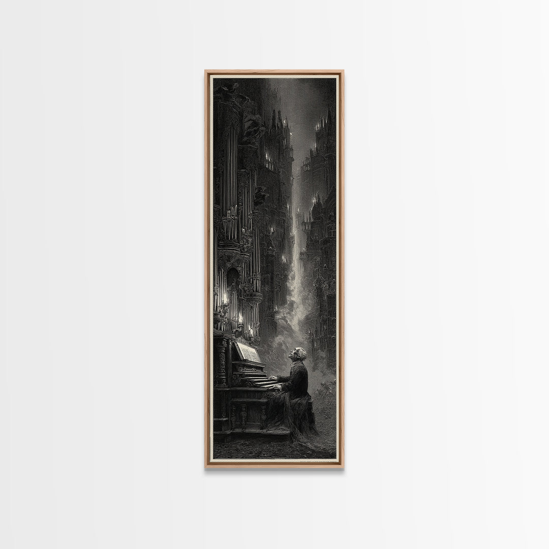 The Phantom Organist, Gothic Engraving Art, Tall Narrow Wall Art, Dark Fantasy Wall Art, Framed Canvas Print, Halloween Wall Art