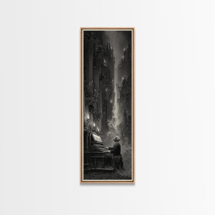 The Phantom Organist, Gothic Engraving Art, Tall Narrow Wall Art, Dark Fantasy Wall Art, Framed Canvas Print, Halloween Wall Art