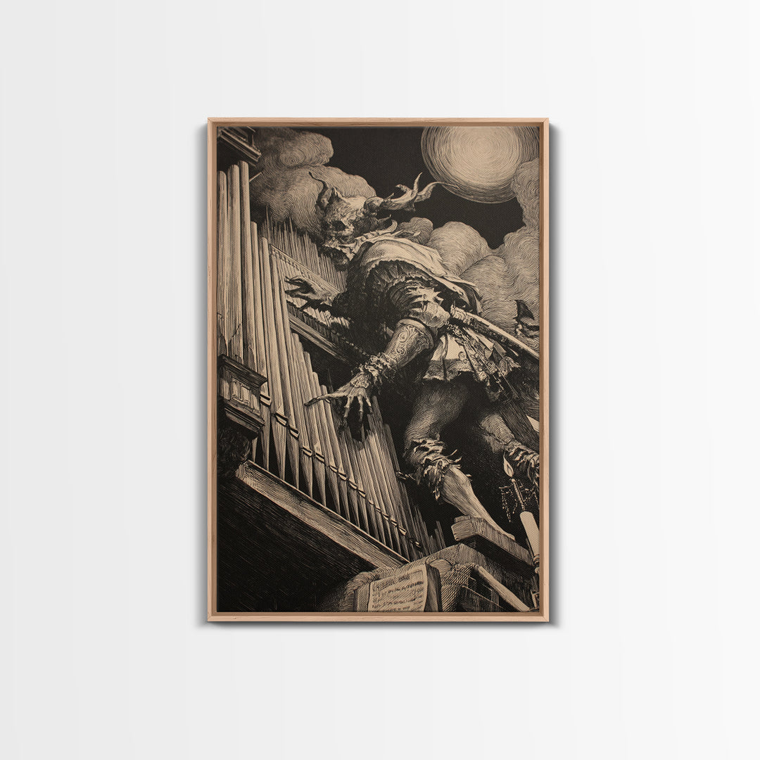 The Phantom Organist, Renaissance Engraving Art, Vertical Wall Art, Macabre Wall Art, Canvas Print, Halloween Wall Art, Statement Wall Art
