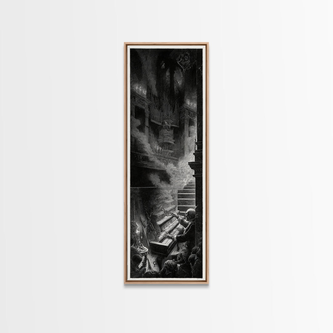 The Phantom Organist, Architectural Etching Art, Tall Narrow Wall Art, Macabre Wall Art, Canvas Print, Halloween Wall Art