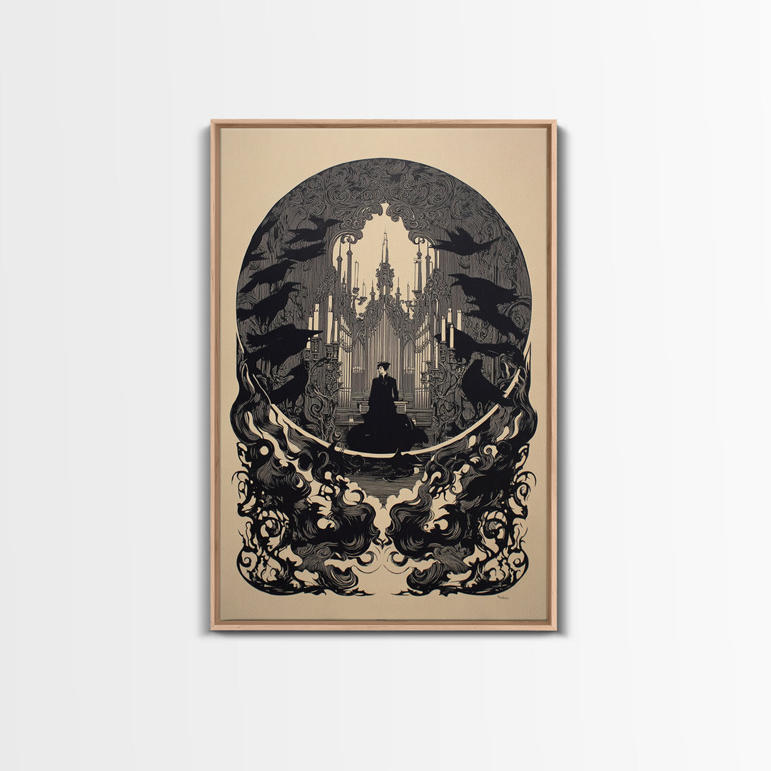 The Phantom Organist, Decadent Line Art, Vertical Wall Art, Gothic Horror Wall Art, Framed Canvas Print, Halloween Wall Art
