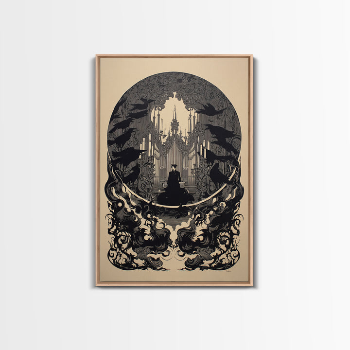 The Phantom Organist, Decadent Line Art, Vertical Wall Art, Gothic Horror Wall Art, Framed Canvas Print, Halloween Wall Art