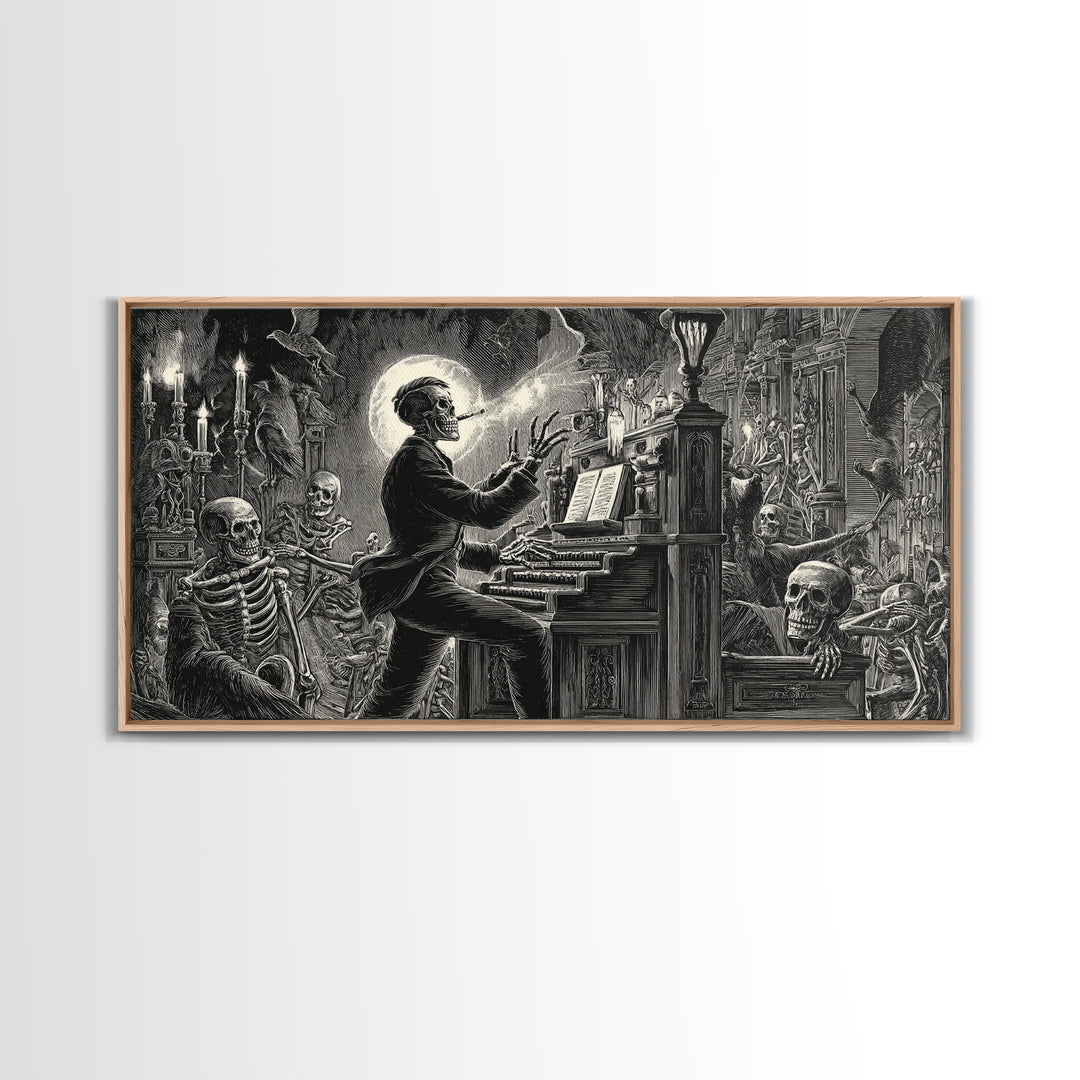 The Phantom Organist, Macabre Folk Print Art, Wide Panoramic Art, Dark Fantasy Wall Art, Framed Canvas Print, Halloween Wall Art