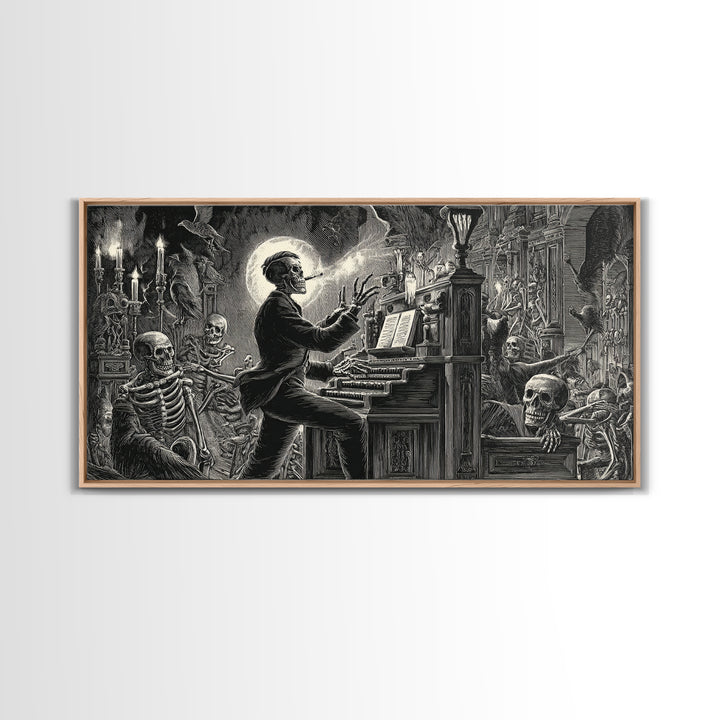 The Phantom Organist, Macabre Folk Print Art, Wide Panoramic Art, Dark Fantasy Wall Art, Framed Canvas Print, Halloween Wall Art