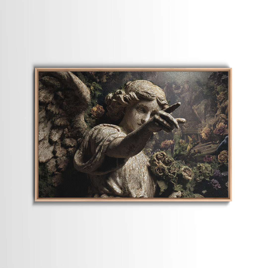 The Weeping Cemetery Angel, Medieval Grotesque Art, Landscape Wall Art, Dark Halloween Decor, Framed Canvas Print, Halloween Wall Art