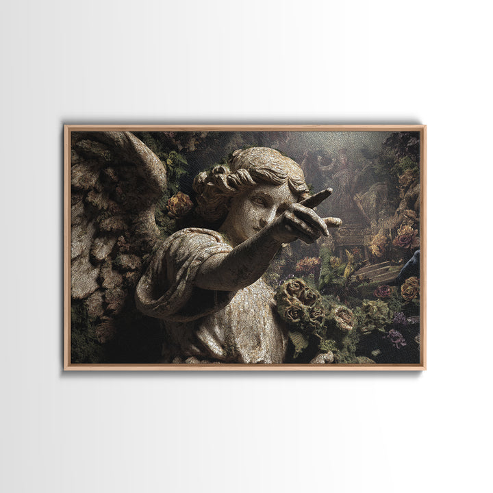 The Weeping Cemetery Angel, Medieval Grotesque Art, Landscape Wall Art, Dark Halloween Decor, Framed Canvas Print, Halloween Wall Art