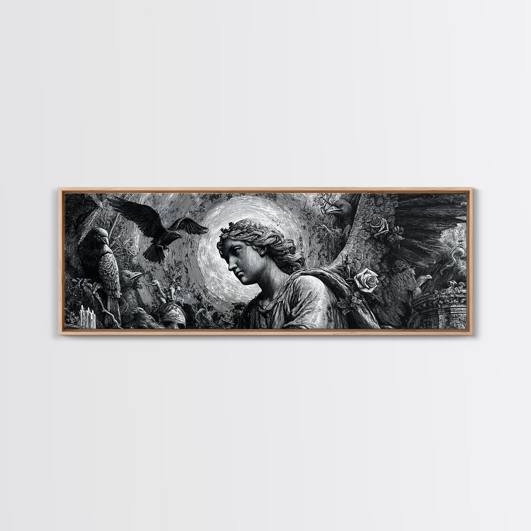 The Weeping Cemetery Angel, Renaissance Engraving Art, Extra Wide Wall Art, Dark Fantasy Wall Art, Canvas Print, Halloween Wall Art