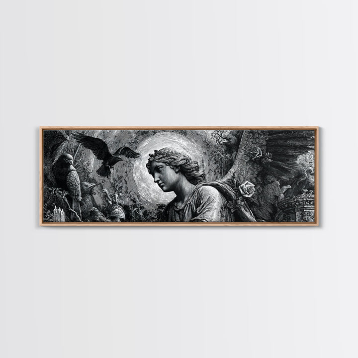 The Weeping Cemetery Angel, Renaissance Engraving Art, Extra Wide Wall Art, Dark Fantasy Wall Art, Canvas Print, Halloween Wall Art