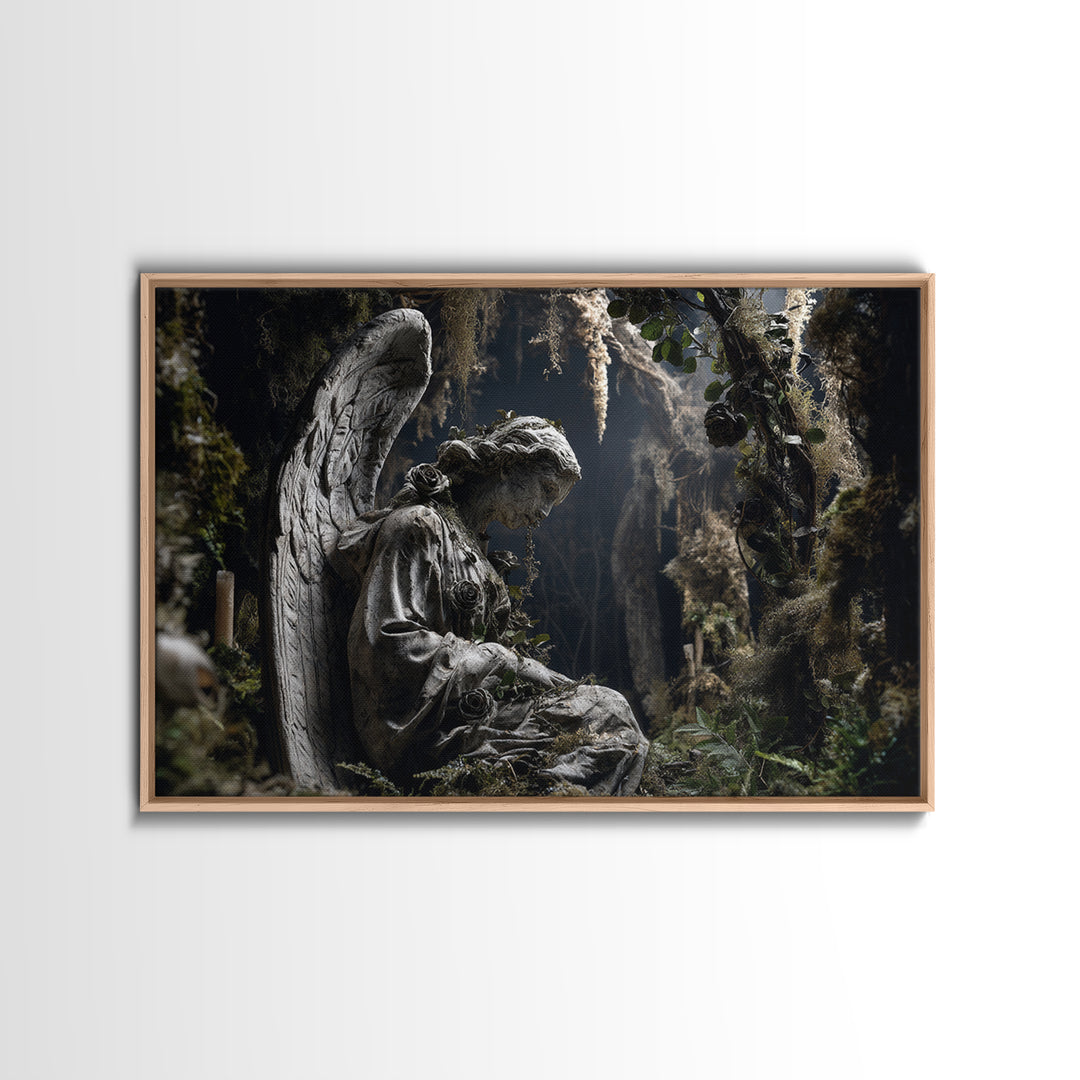 The Weeping Cemetery Angel, Baroque Witchcraft Art, Landscape Wall Art, Dark Halloween Decor, Canvas Print, Halloween Wall Art