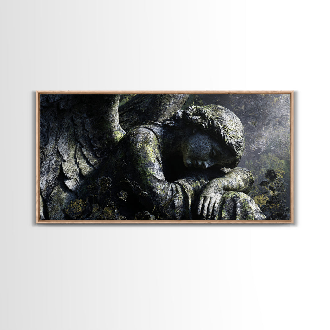 The Weeping Cemetery Angel, Visionary Gothic Art, Wide Panoramic Art, Macabre Wall Art, Framed Canvas Print, Halloween Wall Art