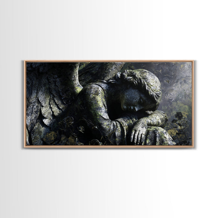 The Weeping Cemetery Angel, Visionary Gothic Art, Wide Panoramic Art, Macabre Wall Art, Framed Canvas Print, Halloween Wall Art