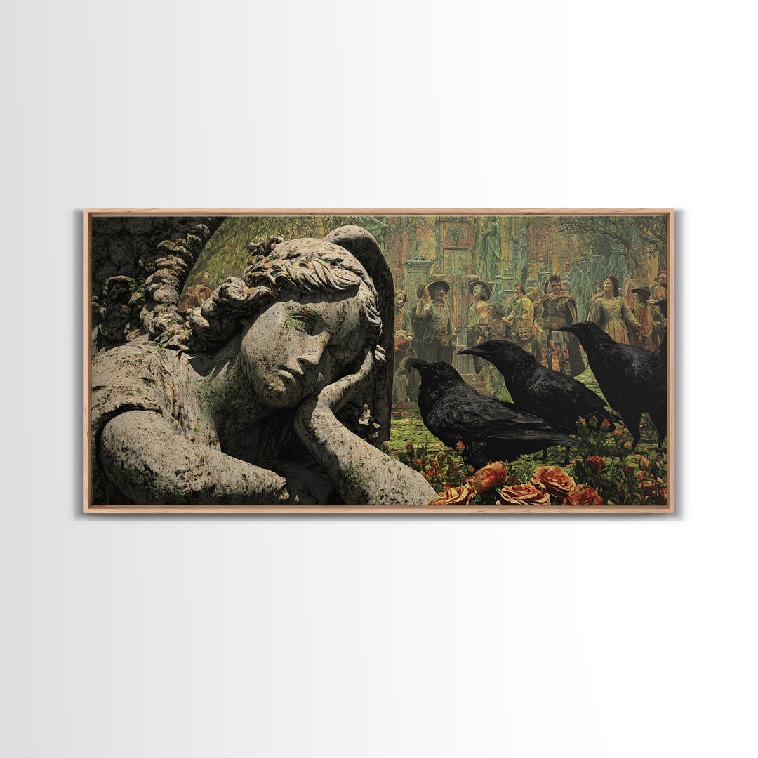 The Weeping Cemetery Angel, Grotesque Carnival Art, Wide Panoramic Art, Dark Halloween Decor, Framed Canvas Print, Halloween Wall Art