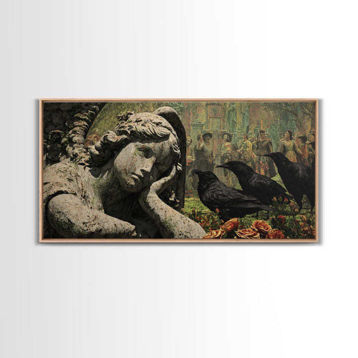 The Weeping Cemetery Angel, Grotesque Carnival Art, Wide Panoramic Art, Dark Halloween Decor, Framed Canvas Print, Halloween Wall Art