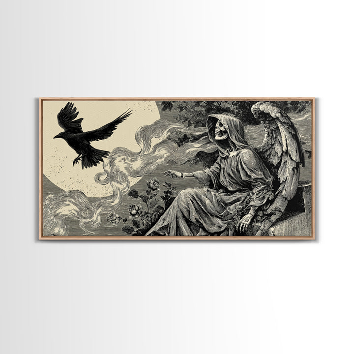 The Weeping Cemetery Angel, Macabre Folk Print Art, Wide Panoramic Art, Macabre Wall Art, Canvas Print, Halloween Wall Art