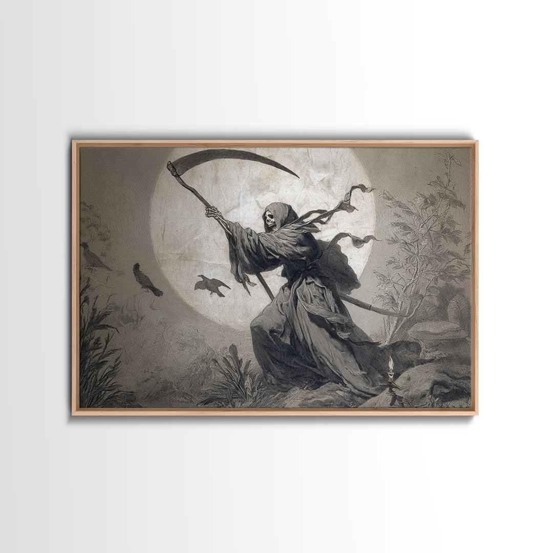 The Fog-Bound Reaper, Medieval Grotesque Art, Landscape Wall Art, Macabre Wall Art, Framed Canvas Print, Halloween Wall Art