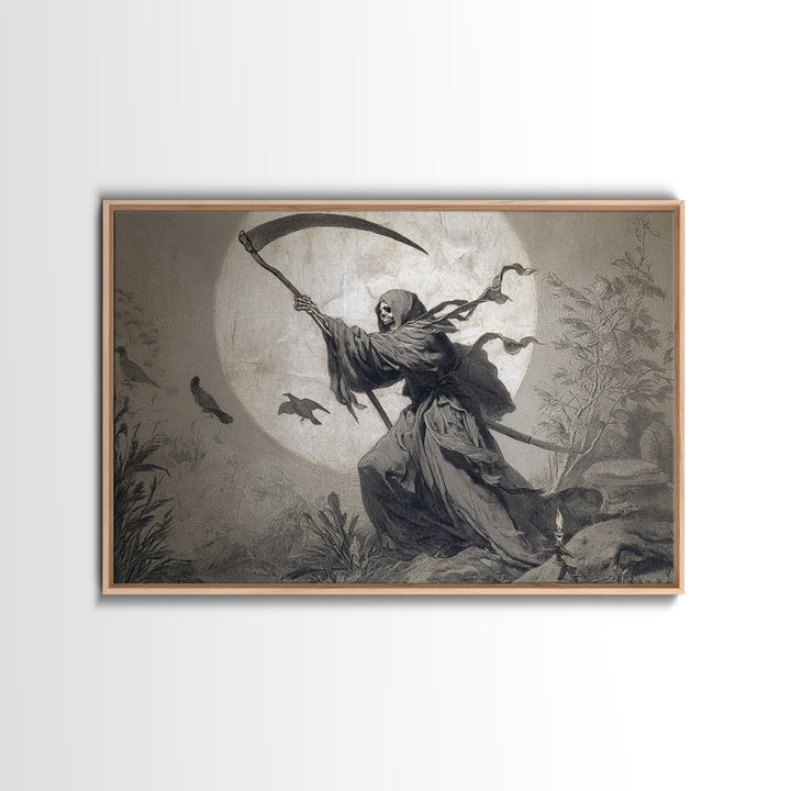 The Fog-Bound Reaper, Medieval Grotesque Art, Landscape Wall Art, Macabre Wall Art, Framed Canvas Print, Halloween Wall Art