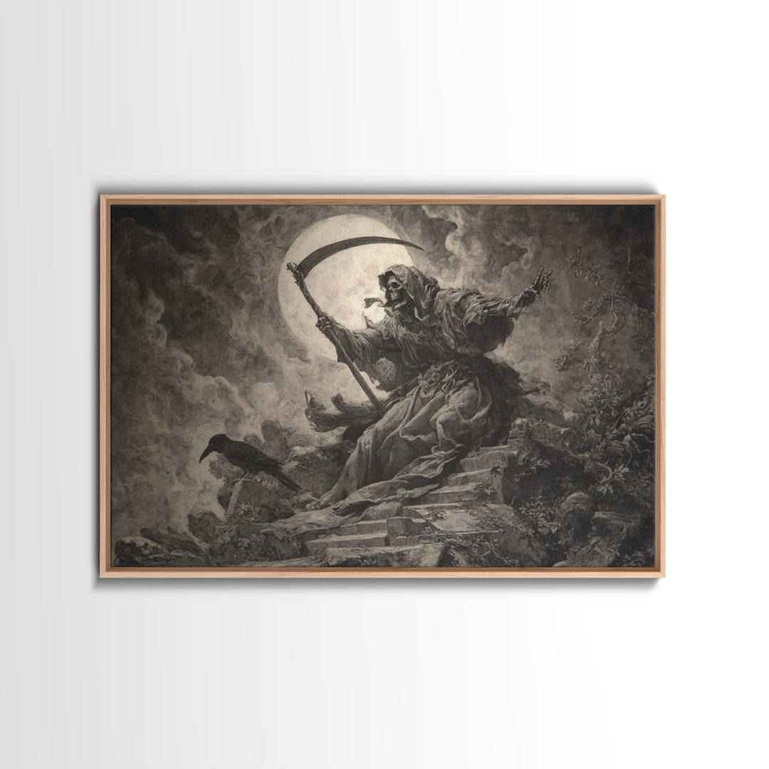 The Fog-Bound Reaper, Baroque Witchcraft Art, Landscape Wall Art, Dark Fantasy Wall Art, Framed Canvas Print, Halloween Wall Art