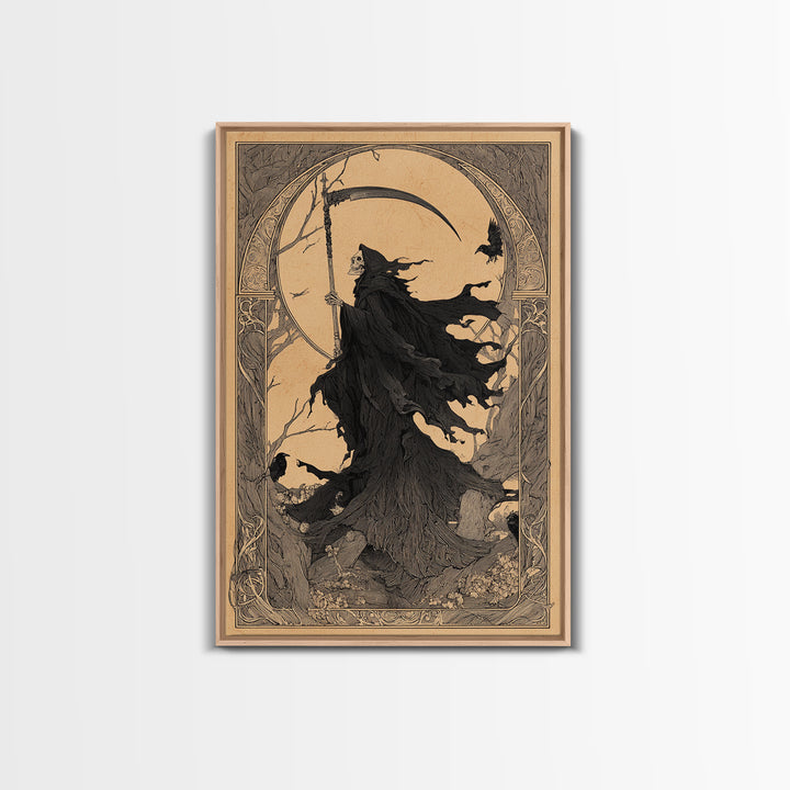 The Fog-Bound Reaper, Decadent Line Art, Vertical Wall Art, Gothic Horror Wall Art, Canvas Print, Halloween Wall Art