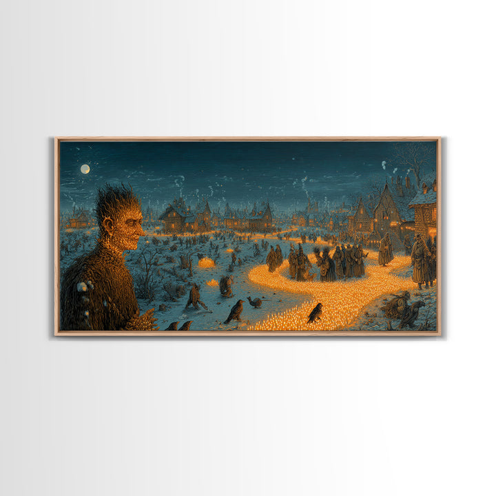 The Candlewax Man, Northern Renaissance Horror, Wide Panoramic Art, Dark Fantasy Wall Art, Framed Canvas Print, Halloween Wall Art